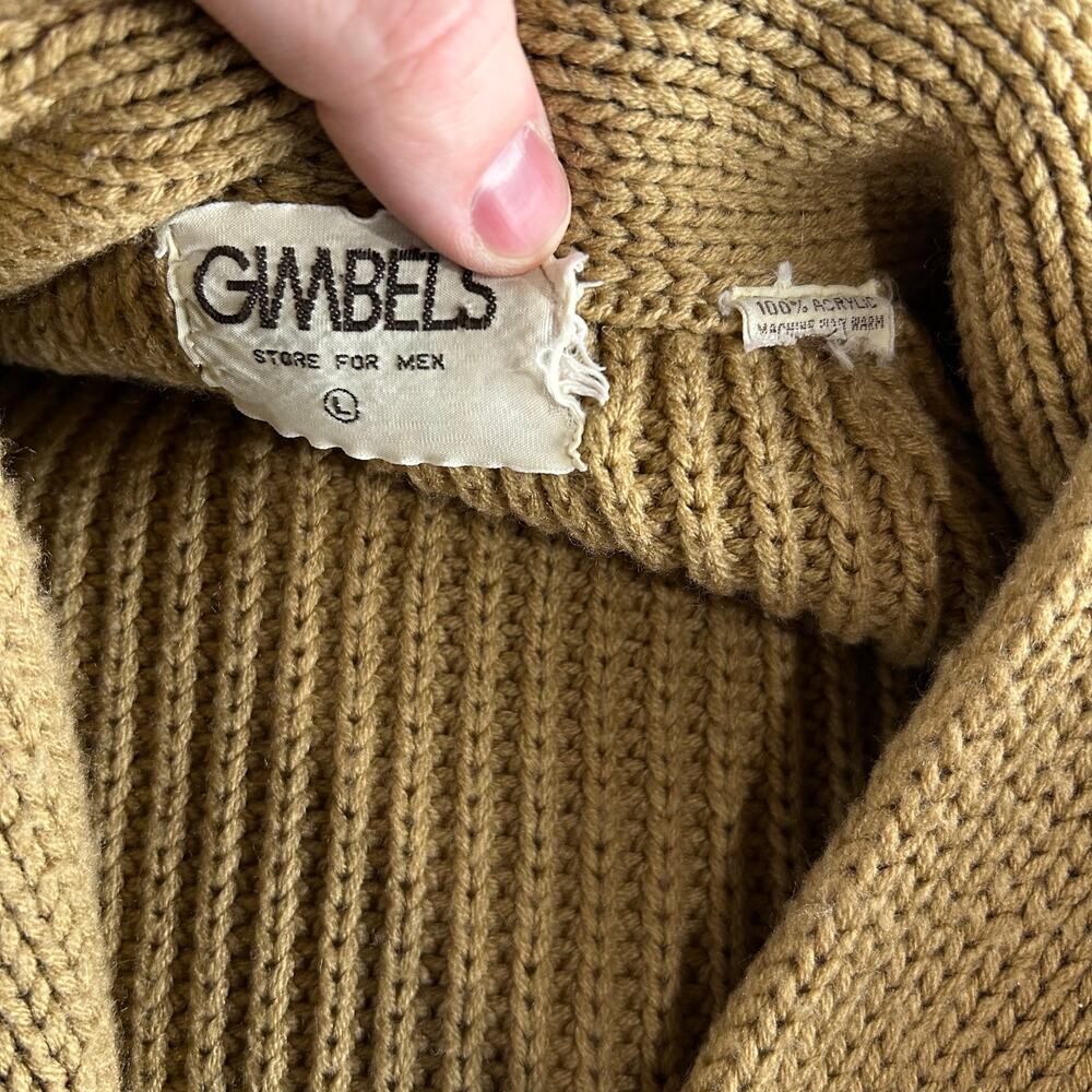 VTG 80s Men's Tan Gimbels Shawl Collar 100% Acrylic Knit Sweater Cardigan Sz L - Picture 3 of 7